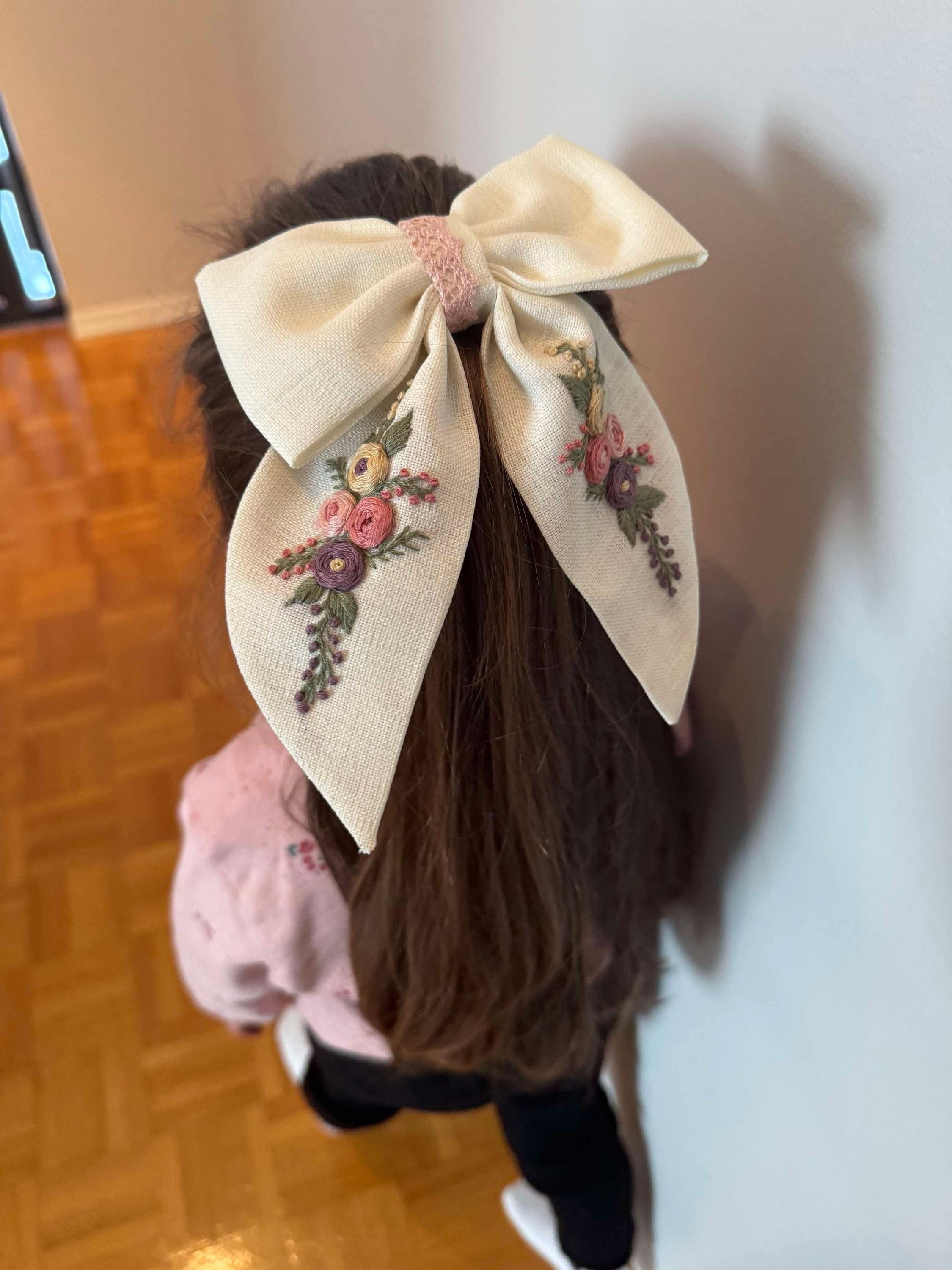 Handmade Linen Hair Bow: Embroidered Floral Girl's Accessory