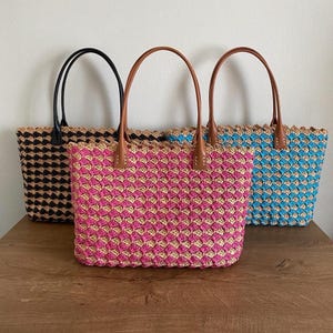 Colorful Summer Tote Bag – Woven Straw Beach Purse with Leather Handles – Lightweight Large Resort Bag – Vacation Shoulder Bag for Women