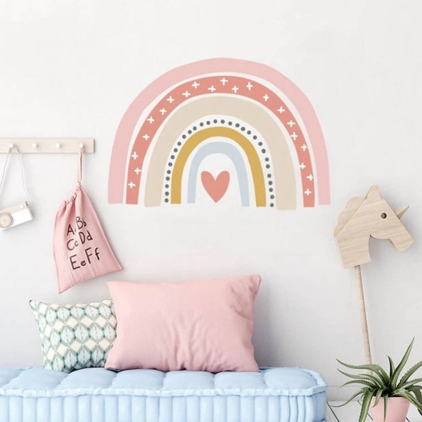 Autocollant mural arc-en-ciel pour chambre d’enfants, décor de salle de jeux, décor boho, décor boho, arc-en-ciel rose.