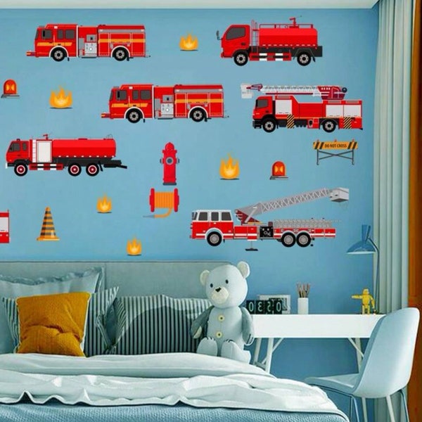 Transportation Wall Decals - Fire Trucks and Firefighters for Boys Room - Removable Murals