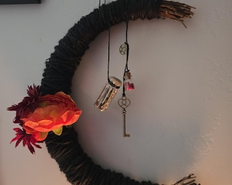 Handmade Crescent Moon Wreath | Witchy Floral Wall Decor with Spell Jar, Key, Pentagram Charms