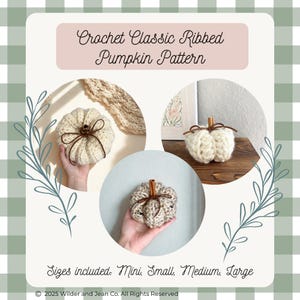 Pode incluir: Imagem de um padrão de crochê com três abóboras feitas à mão em diferentes tamanhos e cores. As abóboras têm caules marrons e são exibidas em um fundo neutro. O texto "Crochet Classic Ribbed Pumpkin Pattern" está no topo, com opções de tamanho.