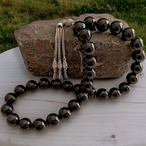 Tasbih Aqeeq negro, Tasbih grande 33, Masbaha grande de ágata, Rosario de ágata, Subha de piedra preciosa negra, Cuentas de oración de 14 mm, Idea de regalo musulmán, Cuentas de dhikr