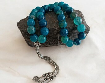 Aqeeq Tasbih Azul, Contas de Oração de Ágata, Aqeeq Tasbeeh, Tasbih 33, Rosário Grande, Tasbih Grande, Tasbeeh de Pedras Preciosas, Rosário de Ágata, Contas de Oração Azuis