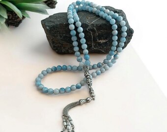 Terço islâmico de ágata azul com 99 contas, rosário azul, contas de Dhikr com 99 contas, Misbaha de ágata, presente muçulmano, colar de rosário, tasbih de pedra preciosa