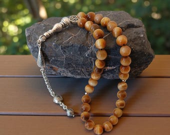 Gemstone Prayer Beads, 10mm Tiger Eye Men's Rosary, Yellow Tasbih 33, Natural Stone Masbaha