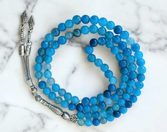 Tasbih Aqeeq Azul 99, Tasbih de Ágata de 8 mm, Masbaha de Pedra Preciosa, Contas de Oração Islâmicas, Presente Muçulmano Gemstome, Sabha de Pedra Preciosa Azul, Rosário Aqeeq