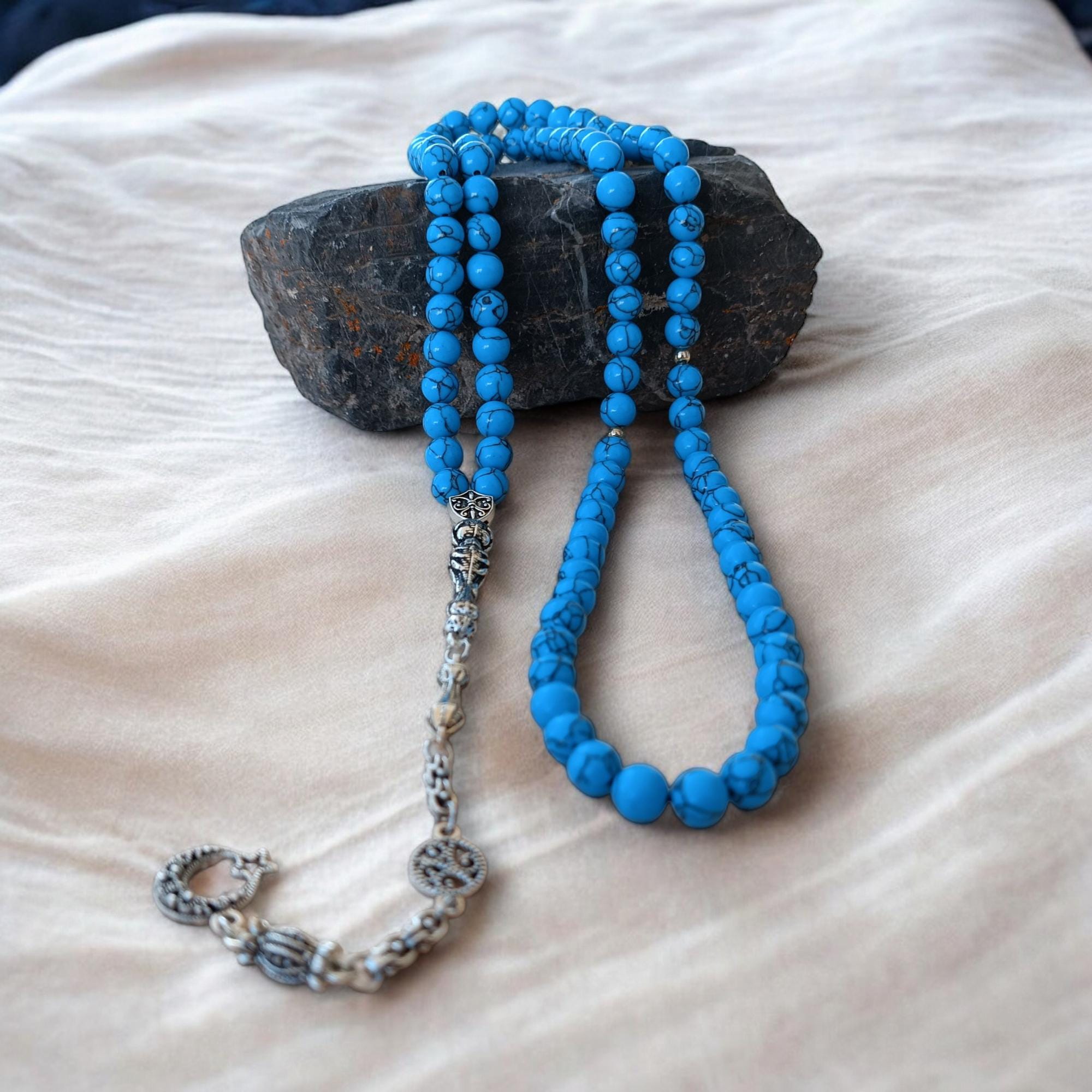 Asbih 33 10 mm - islamitische gebedskralen, Tasbeeh, Sibha, Moslim Mala, Masbaha, Misbaha, Tesbih, Tespih, Dhikr kralen, Zikr kralen, Worry Beads Prayer Counter Arabische kwast armband (Blauw