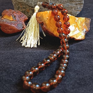 Red Tightening Baltic Amber Prayer Beads, Squeezed Amber Tasbeeh, Muslim Rosary, Natural Masbaha, Round Tasbih, Sabha, Red Dhikr Beads