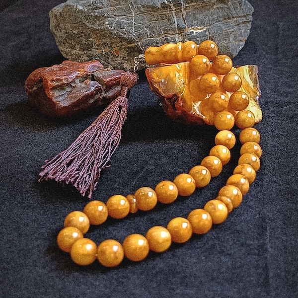 Tightening Baltic Amber Prayer Beads, 33 Beaded Pure Amber Rosary, Handcrafted Natural Stone Tasbih, Gemstone Worry Beads, Squeezed Amber