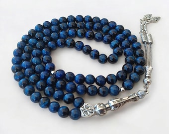 Blue Prayer Beads, Blue Gemstone Tasbih, Tiger Eye Rosary, Muslim Tasbih 99, Tasbeeh Gift, Tiger's Eye Sabha, Natural Stone Masbah, Dhikr