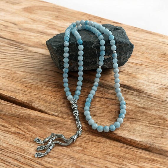 Blue Agate 99 Beads Islamic Tasbih, Blue Prayer Beads, 99 Beaded