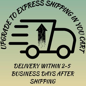 May include: A graphic on a light green background featuring a black outline of a delivery truck with an upward-pointing arrow inside. The text reads: UPGRADE TO EXPRESS SHIPPING IN YOU CART and DELIVERY WITHIN 2-5 BUSINESS DAYS AFTER SHIPPING.
