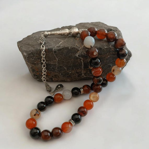 Rosary Big Beads, Tasbeeh 33 Beads, Agate Prayer Beads, Brown