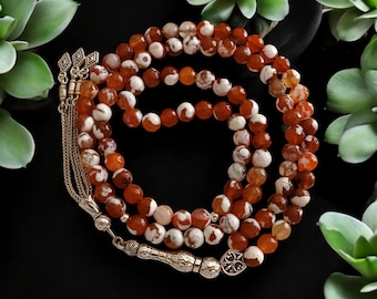 Brown Gemstone Tasbeeh, Tasbih 99, Prayer Beads Islam, Aqeeq Rosary, Agate Tasbih, Rosary Beads, Misbah, Subha, Worry Beads, 8mm Dhikr Beads