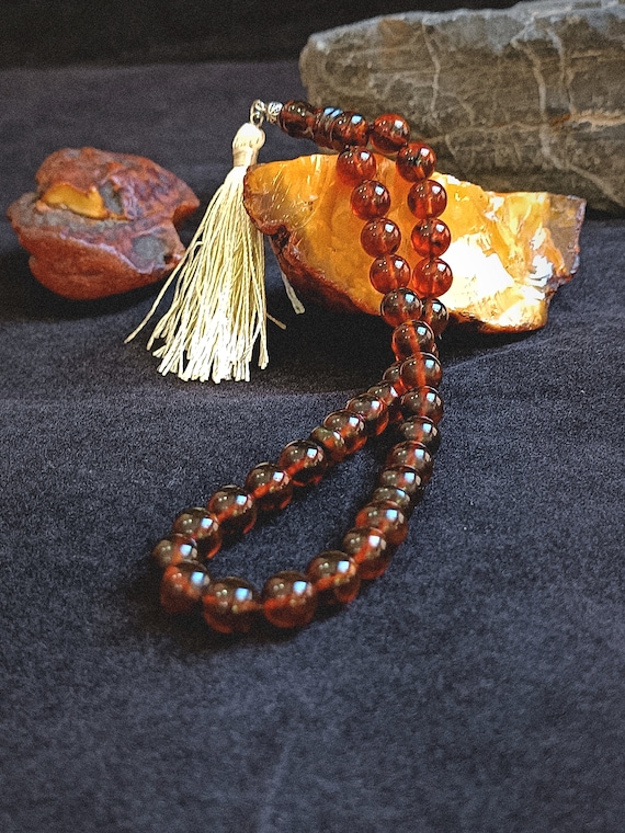 Red Tightening Baltic Amber Prayer Beads, Squeezed Amber Tasbeeh, Muslim Rosary, Natural Masbaha, Round Tasbih, Sabha, Red Dhikr Beads