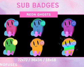 6 Neon Ghosts Sub Twitch Badges | Twitch Graphics | Kawaii | Cute | Stream Badge | Discord | Youtube