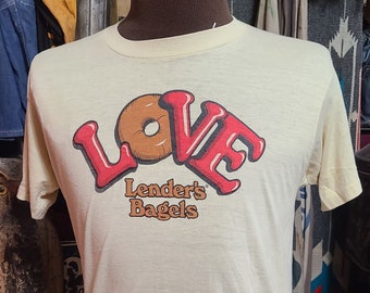 Vintage 70s 80s Love Lenders Bagels Breakfast soft Thin single stitch store promo tee t shirt 42 L