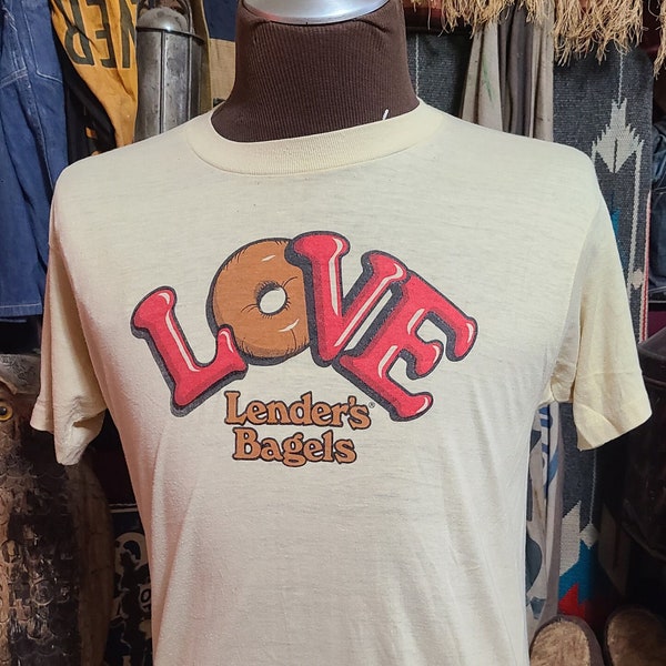 Vintage 70s 80s Love Lenders Bagels Breakfast soft Thin single stitch store promo tee t shirt 42 L