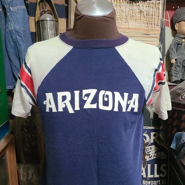 Vintage 1970s Champion Blue Bar Arizona University 2 tone Dureen raglan jersey sports tee t shirt 42 L