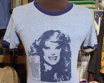 Vintage 1974 Farah Fawcett Noxema Let Creamy Cream you heather blue ringer Tv show movie promo 70s tee t shirt 38 M