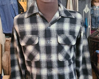 Vintage 1950s 60s Cascade Black Grey Shadow plaid loop collar button up rockabilly shirt 44 L