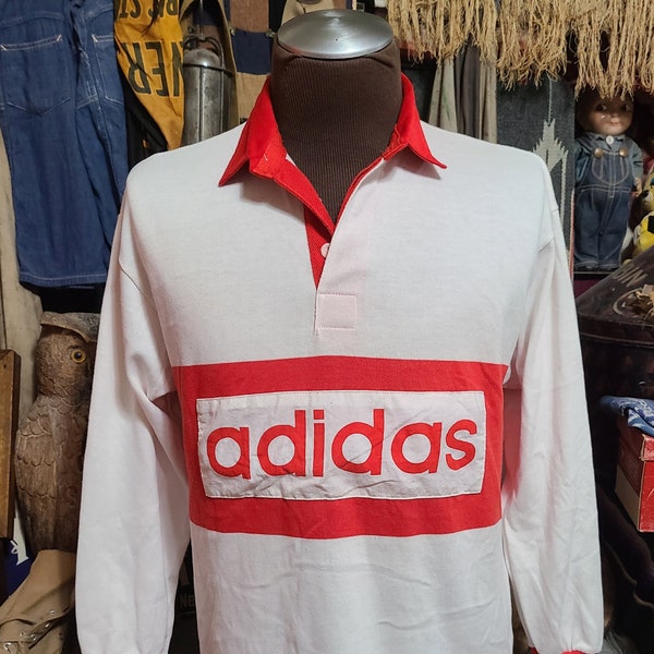 Vintage 80s Adidas trefoil Heavy Cotton Rugby polo pullover sportswear Made in USA Jersey shirt 40 M