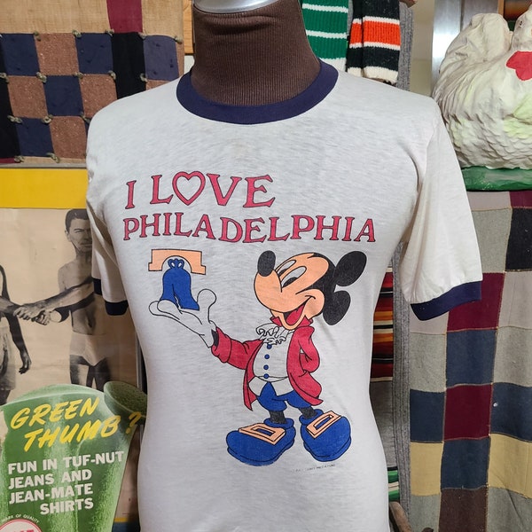 VIntage 80s DIsney Mickey Mouse Ben Franklin Philadelphia Candle Cartoon Soft paper thin Rare tv show promo ringer tee t shirt 36 S