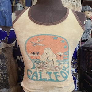 Vintage 1974 Velour California Surf Cartoon Beach Art floral 70s tank top surfer tank top shirt 32 S image 1