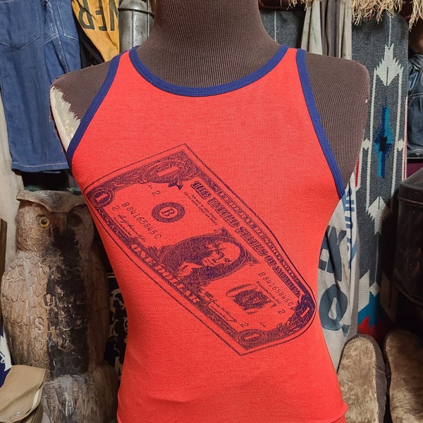 Vintage 1970s Red Blue Piping Ribbed Tank Top SInglet ONe Dollar Bill George Washington tee t shirt 38 M