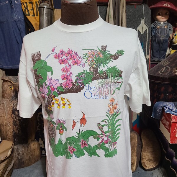 Vintage 90s The Orchids Nature Floral Flowers Garden Hippie soft single stitch tee t shirt 44 L