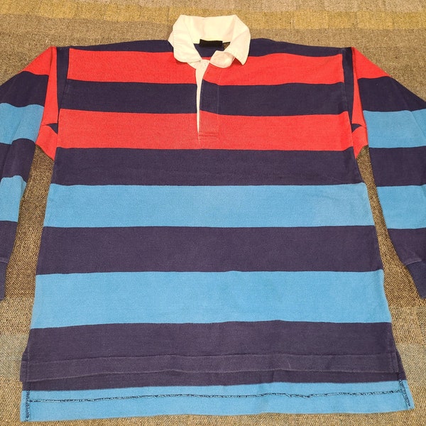 Vintage 90s Eddie Bauer Rugby Stripe Rainbow Rare Heavy Cotton Henley pullover polo jersey shirt 44 L