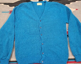 Vintage 1950er 60er Arrow Sportswear ELEctric Blue Knit Button up Grunge Punk Rock Preppy Mod Cardigan Pullover 42 L