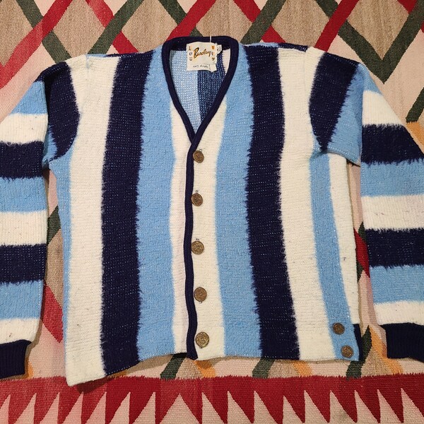 Vintage 1960s Wool Knit Mohair Fuzzy Striped Mod boho hippie button up cardigan sweater shirt 34 S