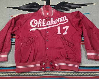 Vintage 1960s Rawlings Oklanhoma Sooners Chain stiched University Team Issued # 17 lined heavy Satin jacket. 48 L / XL