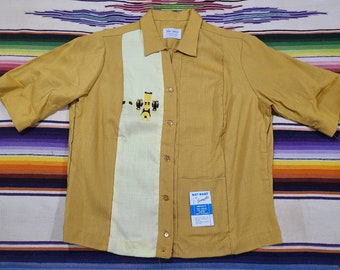 NWT Vintage 1950s Nat Nast Rayon Gabardine Crest Rockabilly bowling pleated button up collared shirt 38 M