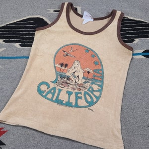 Vintage 1974 Velour California Surf Cartoon Beach Art floral 70s tank top surfer tank top shirt 32 S image 4