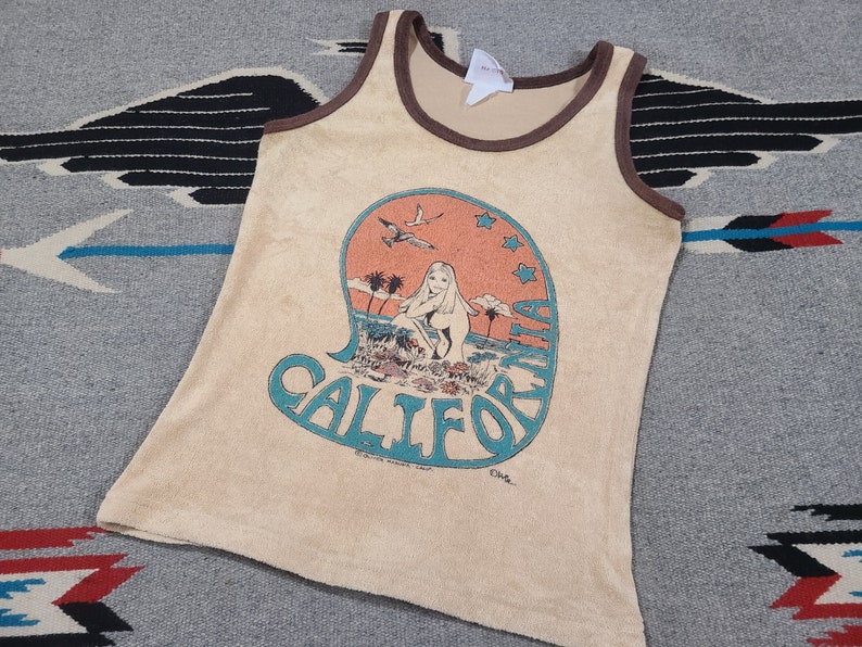 Vintage 1974 Velour California Surf Cartoon Beach Art floral 70s tank top surfer tank top shirt 32 S image 4