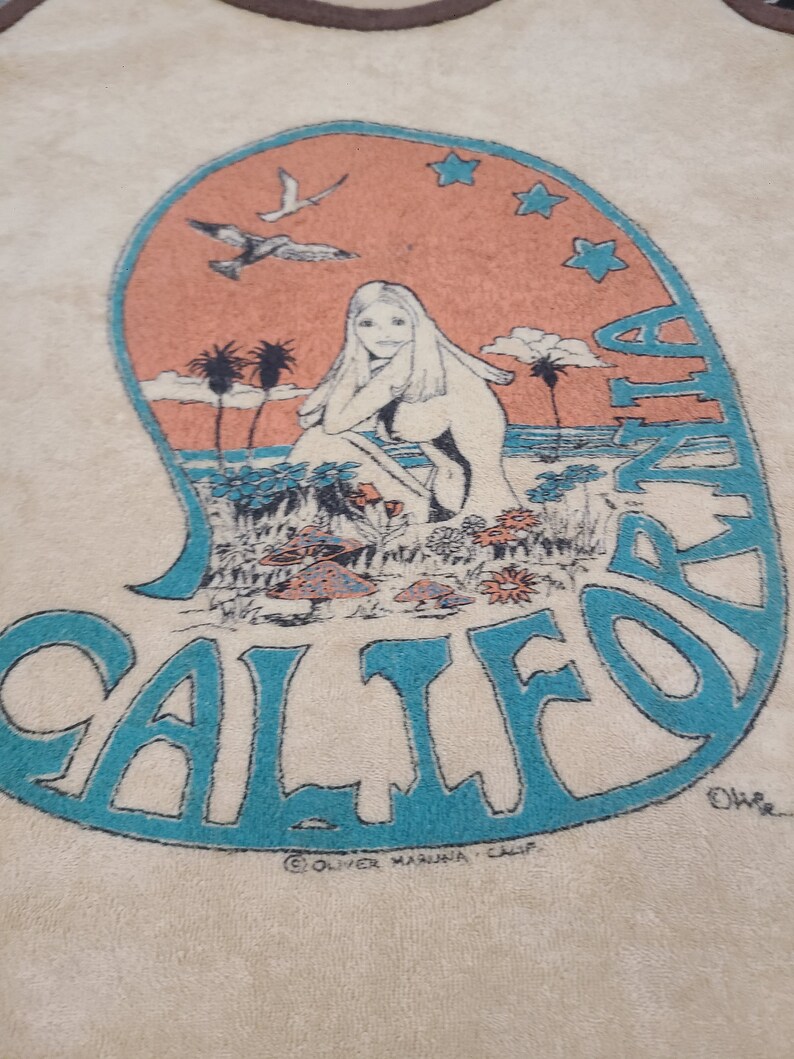 Vintage 1974 Velour California Surf Cartoon Beach Art floral 70s tank top surfer tank top shirt 32 S image 5