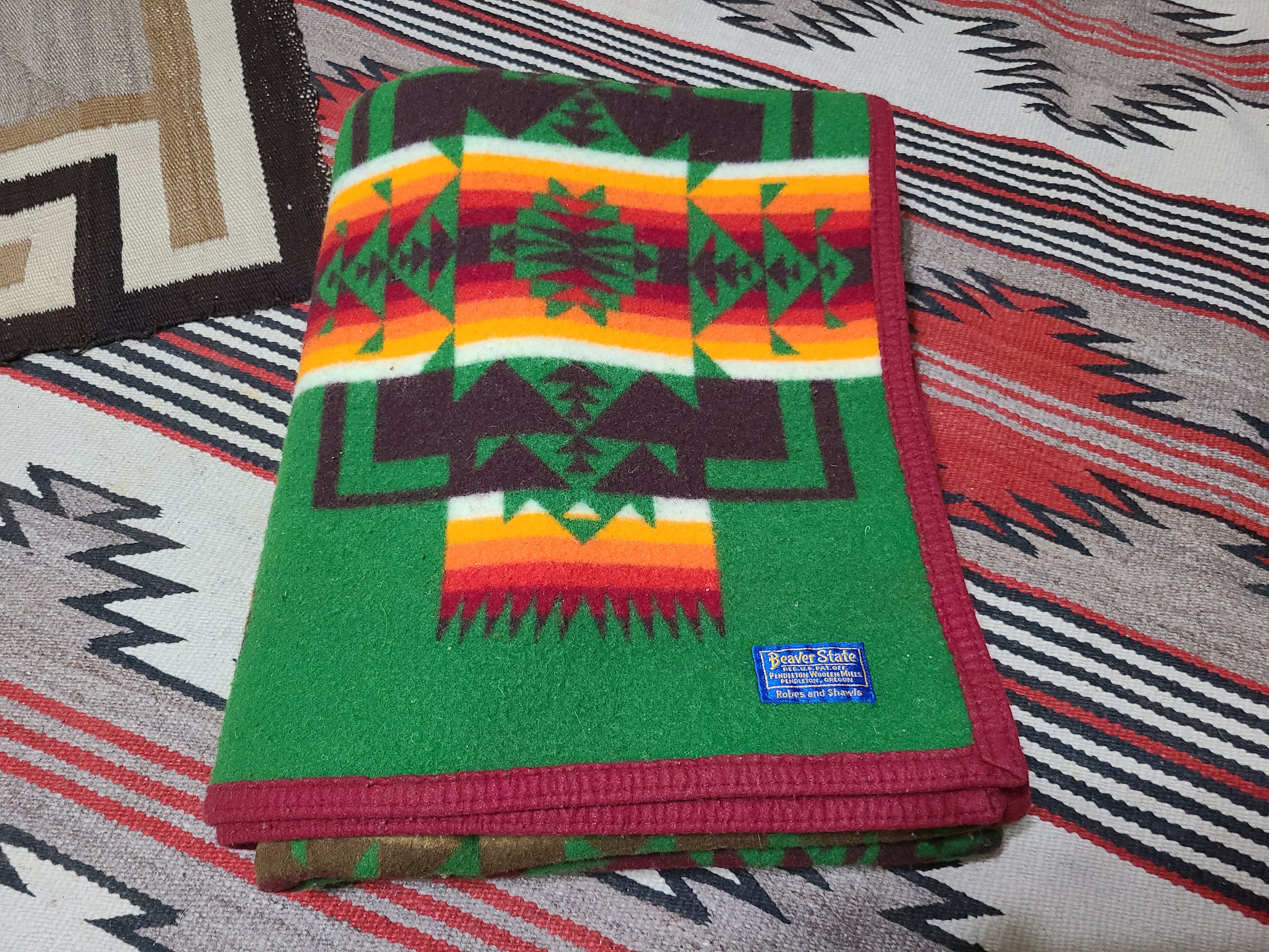 Vintage Beaver State Chief Joseph Green Pendleton Navajo Native American  wool blanket 74 x 58