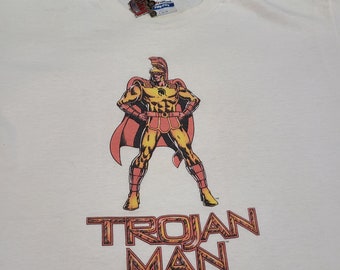 Vintage 80s Trojan Man Condoms Safe Sex Rare Super Hero soft cotton single stitch tee t shirt 42 L