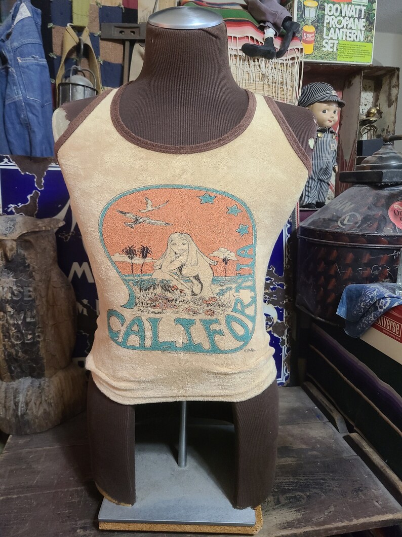 Vintage 1974 Velour California Surf Cartoon Beach Art floral 70s tank top surfer tank top shirt 32 S image 1