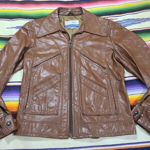 Vintage 1970s Wellington Brown Leather motorcycle bomber full zip collared steer hide jacket 38 M