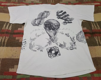 VIntage 1992 Andazia MC Escher Drawing Artist artwork 90s All over Print soft 100% cotton single stitch 90s Art print tee t shirt 40 M