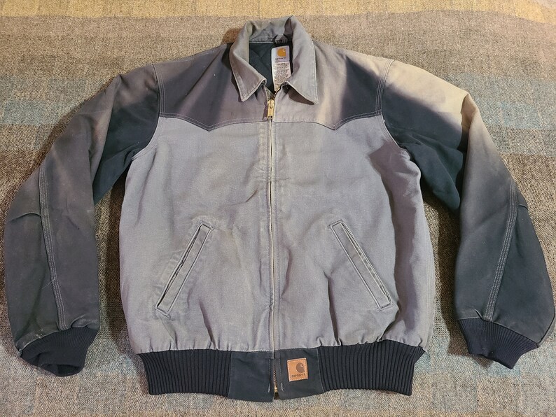 Vintage 1980s 90s Carhartt Made in USA 2 tone Faded full zip canvas gray black work jacket 46 L / XL