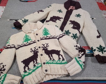 2 Collo a scialle in maglia di lana vintage anni '50 Cowichan Deer Beaver Mod Pop Rockabilly Libowski maglione cappotto giacca lotto 34 S