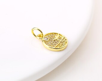 18K Gold Plated Sparkly Dainty Coin Pendant .Cubic Zirconia Charms with Jump Ring for Jewelry Necklace Bracelet Making.Round Coin Pendant.