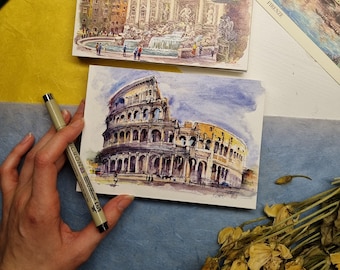 Watercolor Sketchbook 200gsm paper | Italy postcards | French link stitch