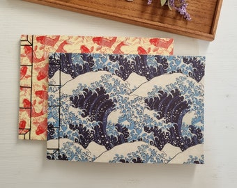 Set of 2 Japanese-style notebooks | Stab binding recycled paper journal | The Great Wave off Kanagawa and Koi fish prints