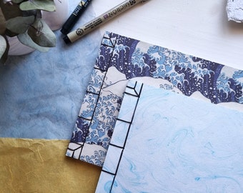 Set of 2 Water-theme notebooks | Stab binding recycled paper journal | The Great Wave off Kanagawa | Hand water marbled paper